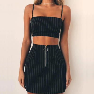 Striped sexy slim zipper two-piece set