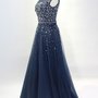 Stunning Dark Blue Beaded Prom Dress,Tulle Evening Dress,56-1